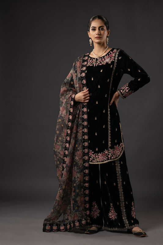 Black Embellished Velvet Pakistani Suit Online in Dubai UAE Abudhabi Ajman Sharjah