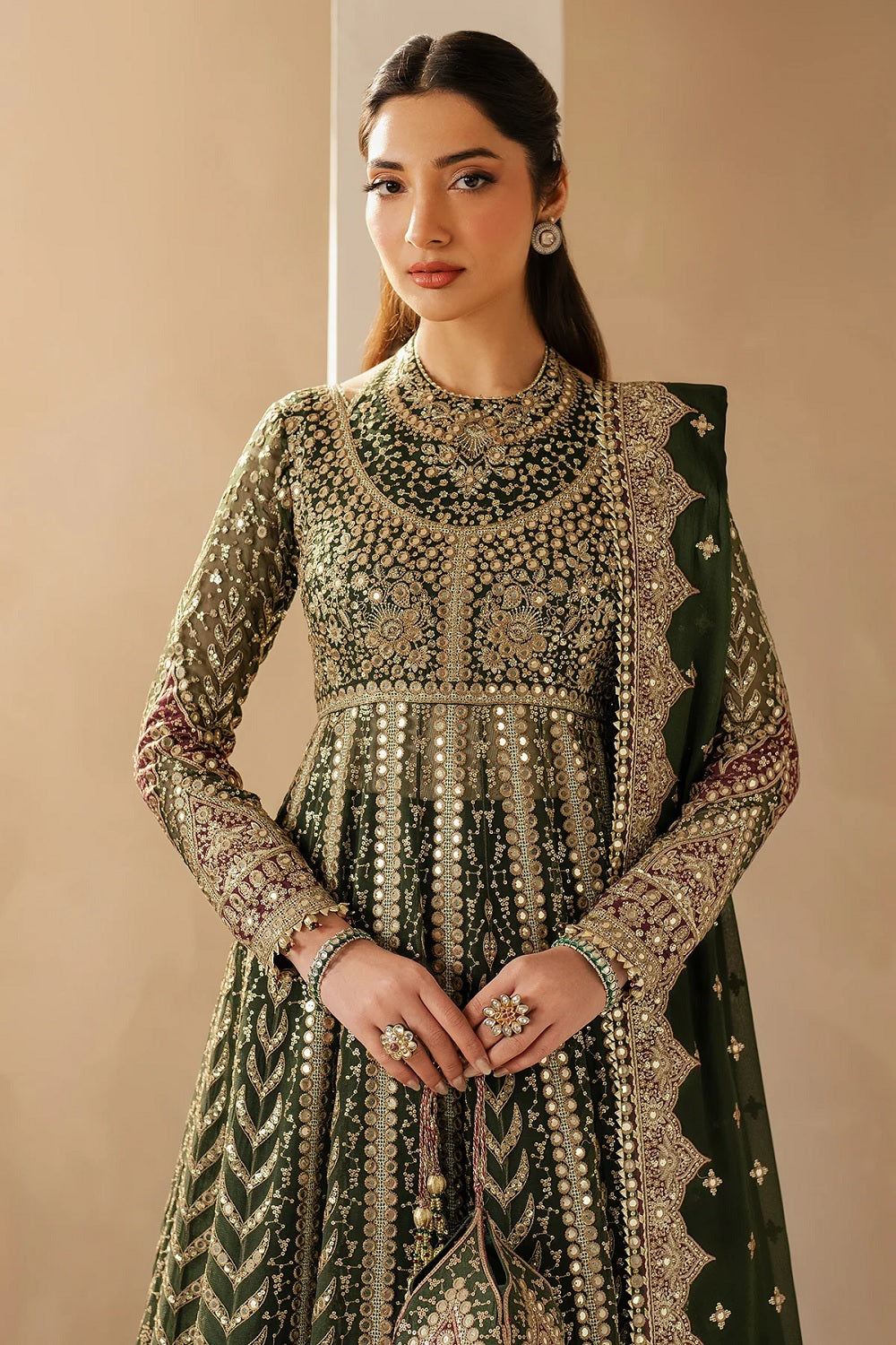Embroidered Chiffon Mendhi Green Salwar Kameez Online in KSA Riyadh Saudi Arabia Oman Bahrain Qatar