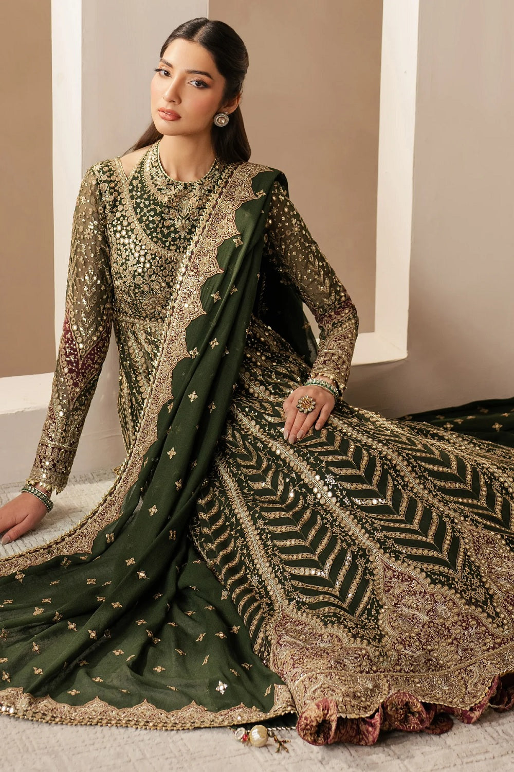 Mendhi Green Chiffon Embroidered Shalwar Kameez Online in UK USA Canada
