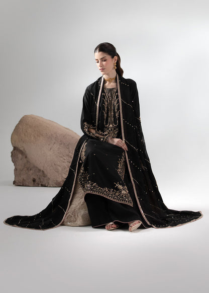 Pakistani Designer Black Raw Silk Salwar Kameez Online in KSA Riyadh Saudi Arabia Oman Bahrain Qatar