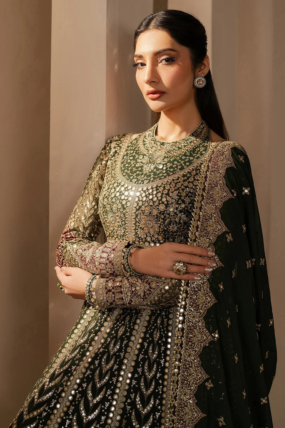 Pakistani Designer Mendhi Green Embroidered Chiffon Suit Online in Sri Lanka India Australia