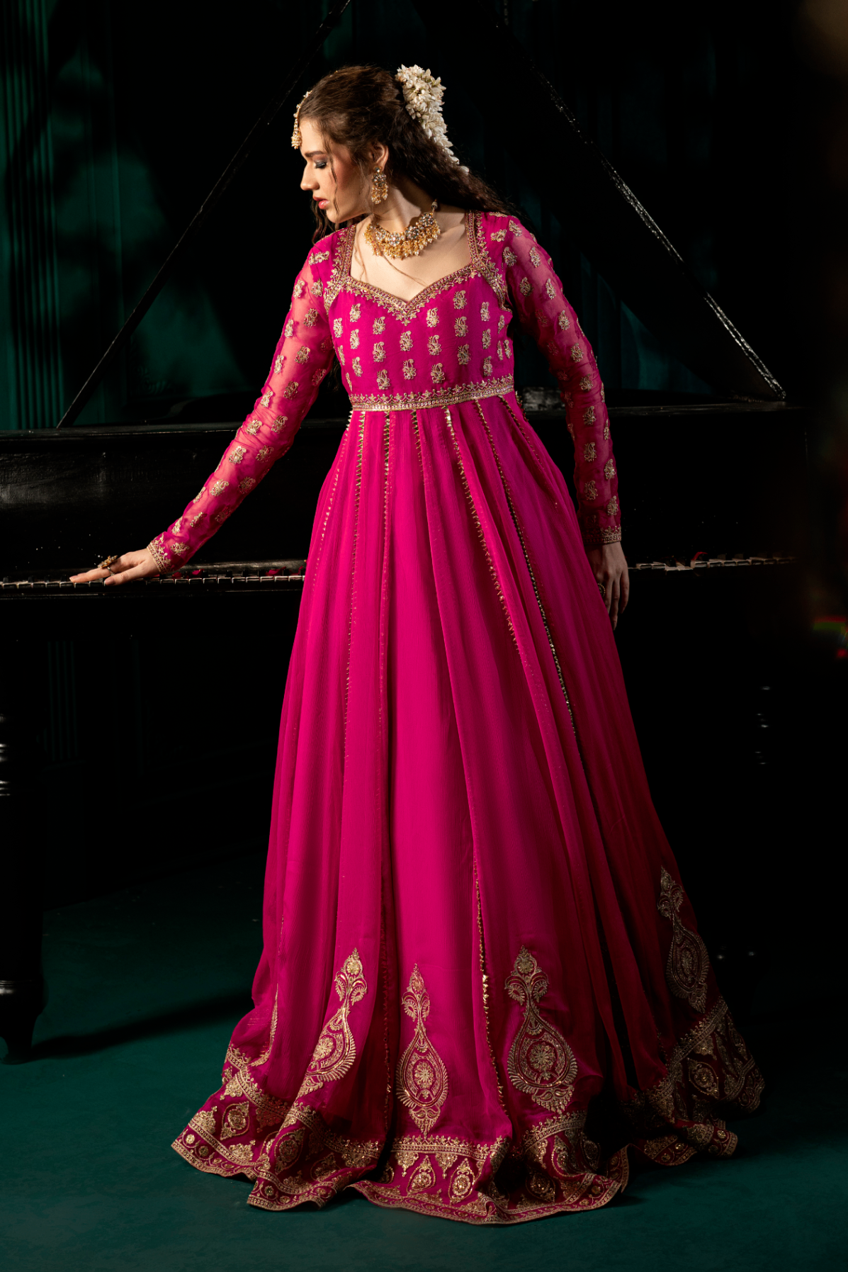 Embellished Shocking Pink Chiffon Flared Kurta Set Online in Sri Lanka India Australia