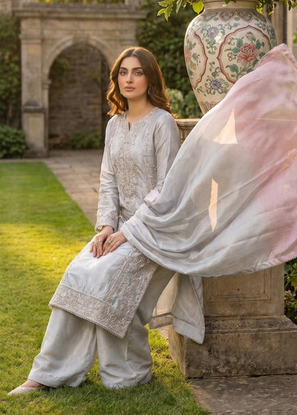 Embellished Silver Raw Silk Shalwar Kameez Online in UK USA Canada