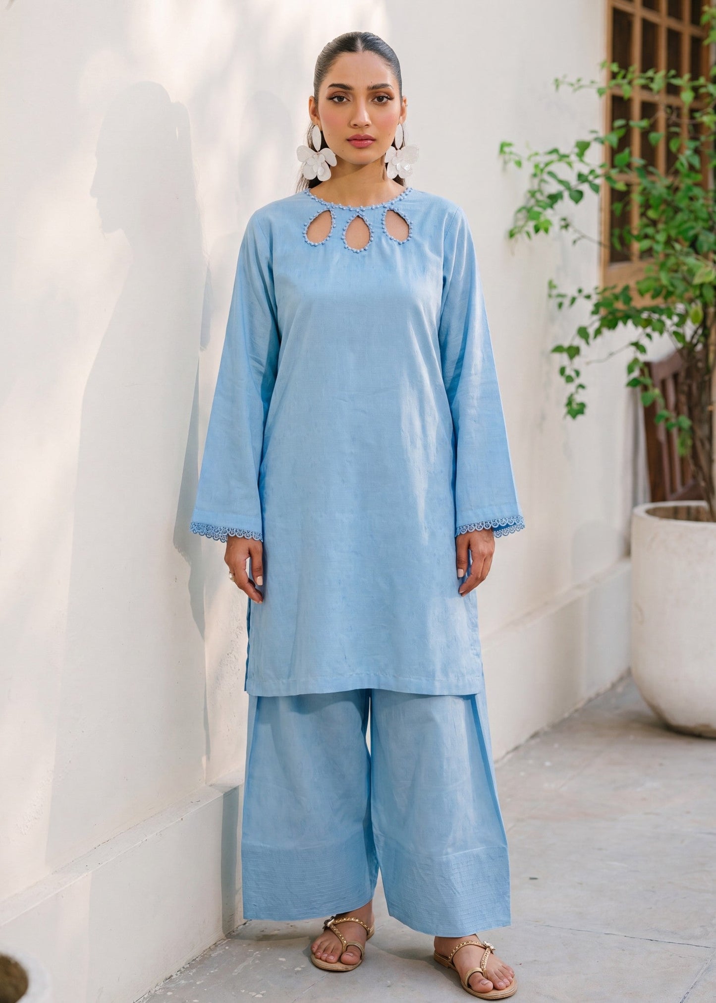 Embellished Sky Blue Lawn Kurta Set for Women Online in Dubai UAE Abudhabi Ajman Sharjah