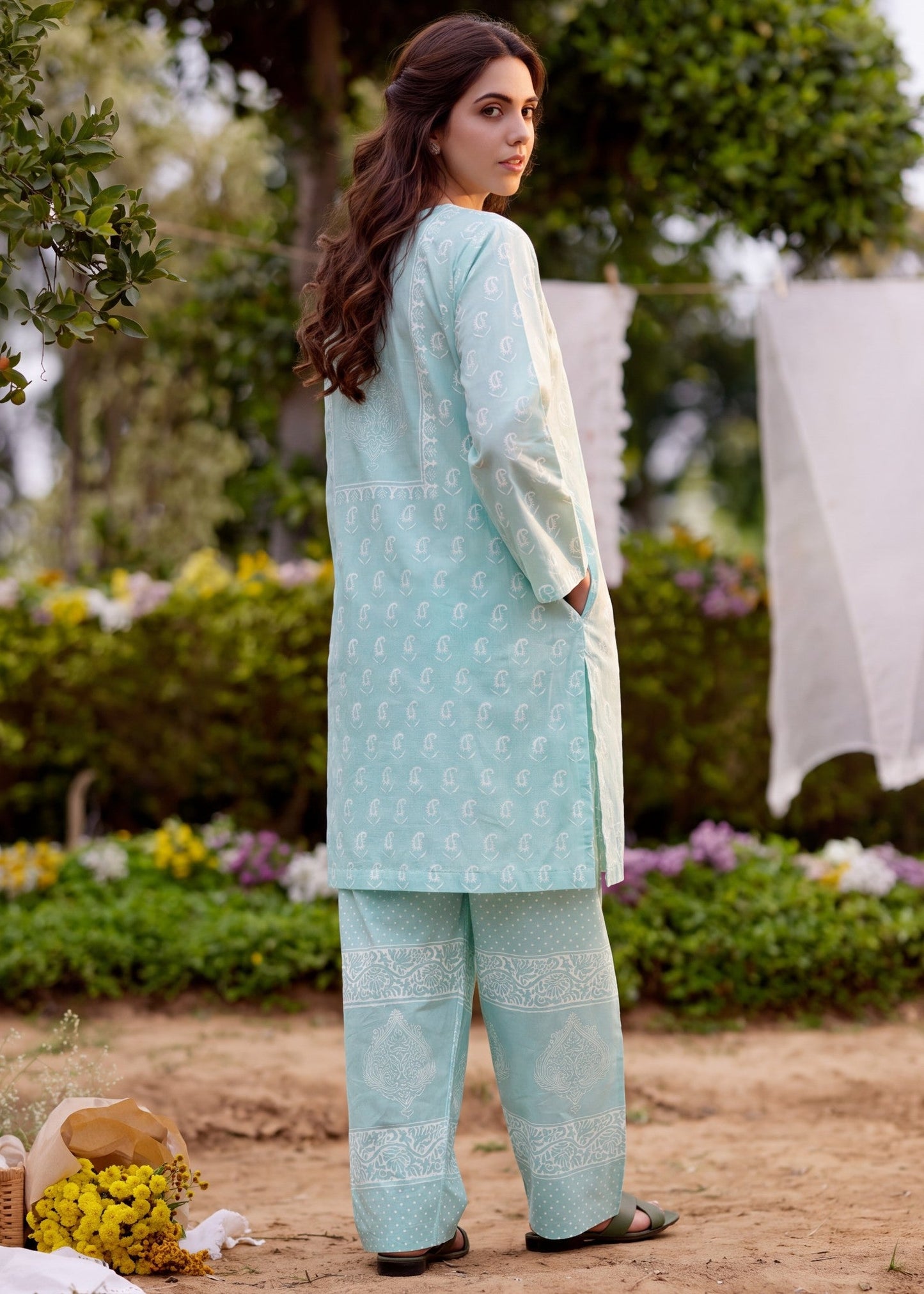 Embellished Sky Blue Lawn Pakistani Suit Online in KSA Riyadh Saudi Arabia Oman Bahrain Qatar