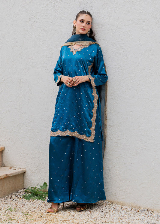 Embellished Teal Charmuse Dupatta Set Online in Dubai DXB UAE Abudhabi Meena Bazaar