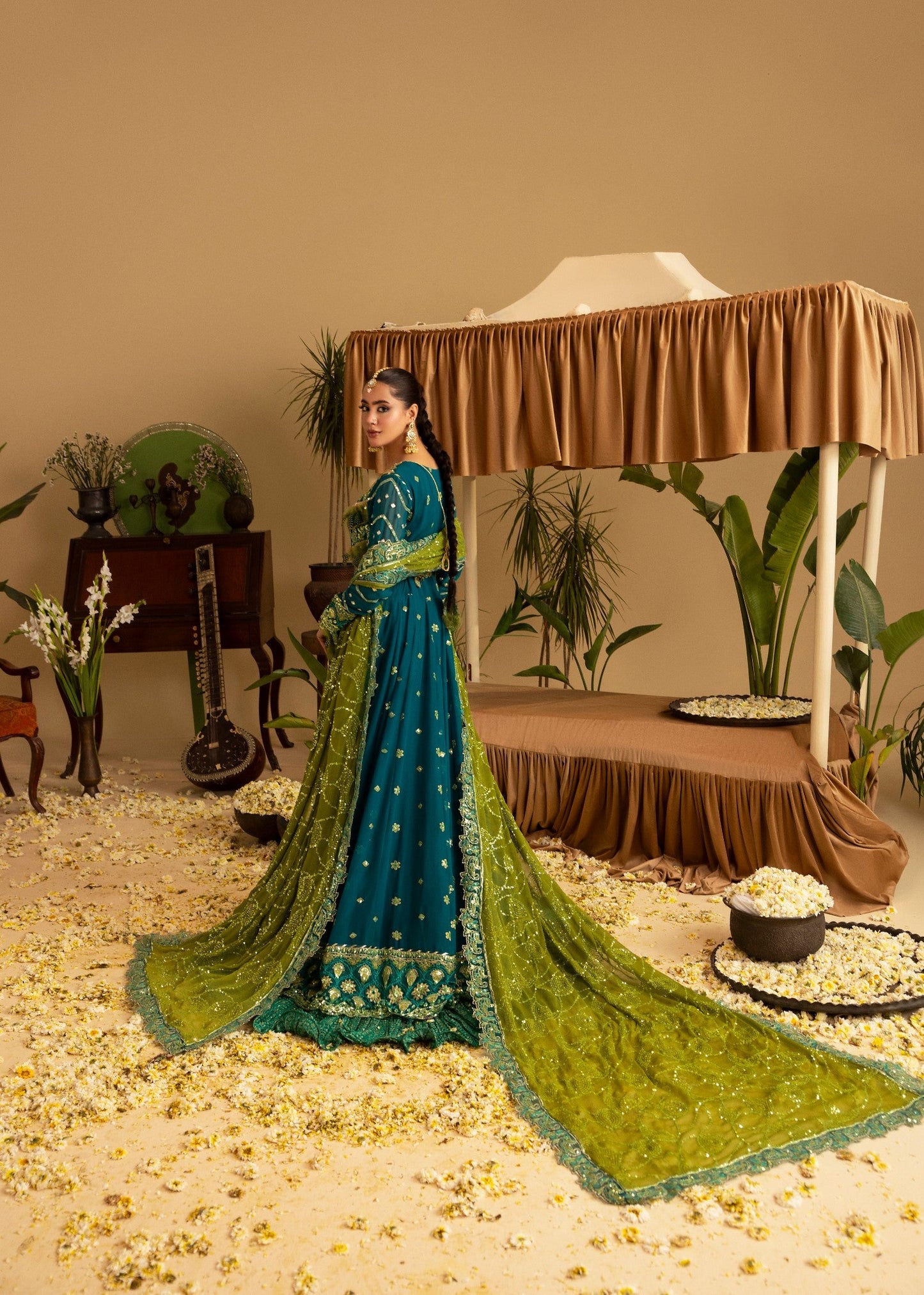 Embellished Teal Chiffon Wedding Guest Outfit Online in Dubai DXB UAE Abudhabi Meena Bazaar
