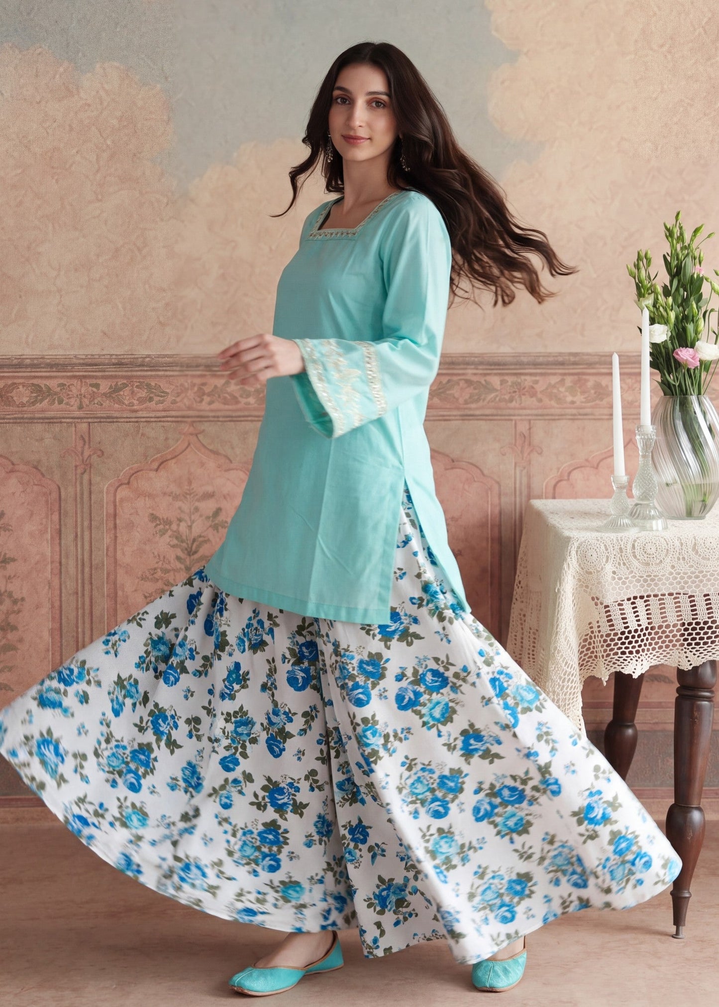 Embellished Turquoise Sharara Suit Online in Dubai DXB UAE Abudhabi Meena Bazaar