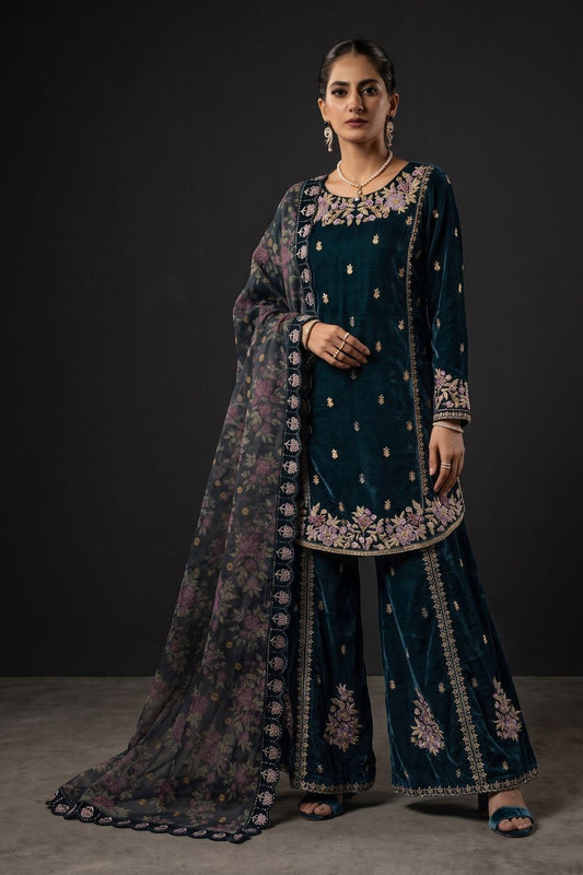 Embellished Velvet Shirt Plazo with Net Dupatta Online in Dubai UAE Abudhabi Ajman Sharjah