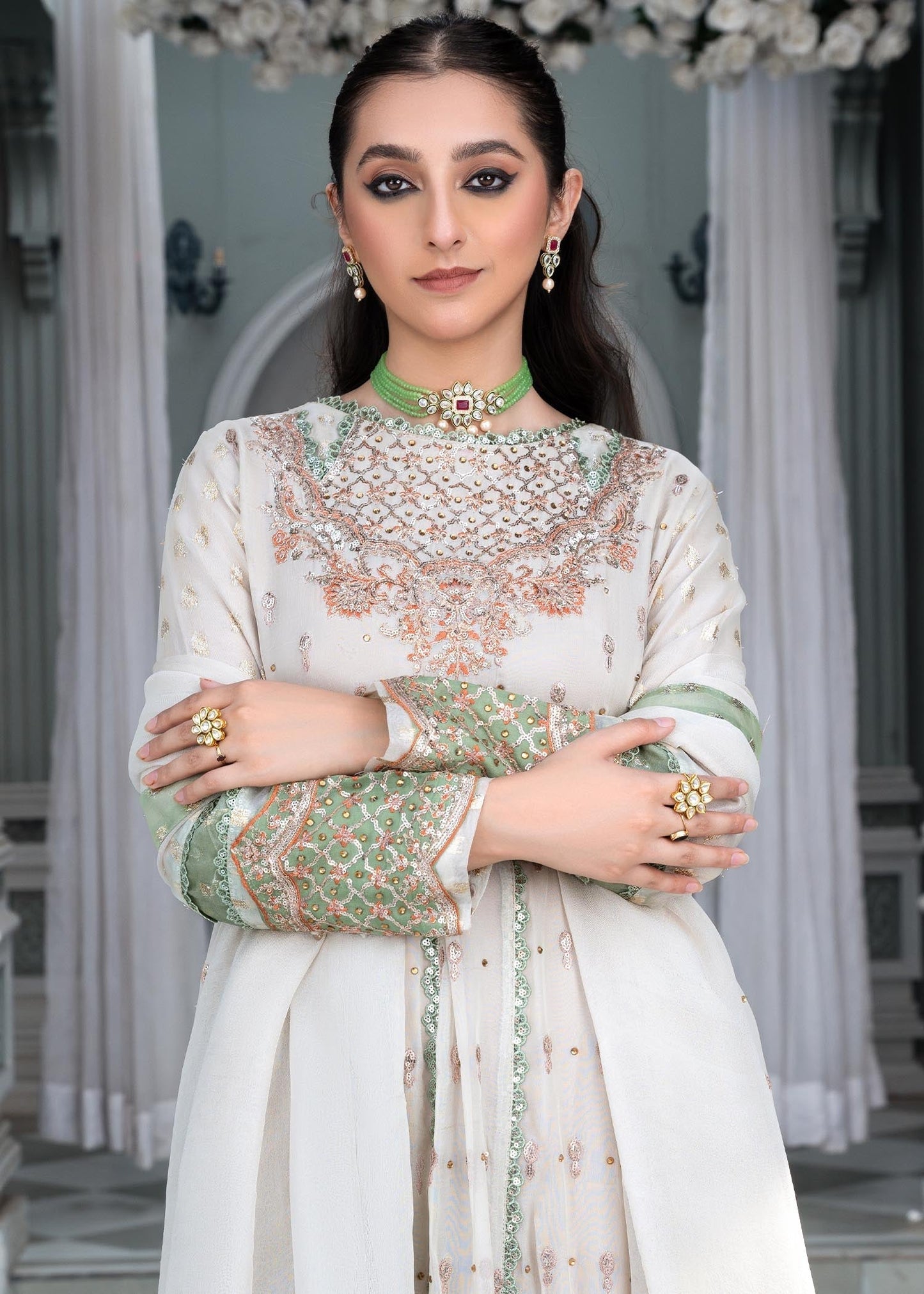 Embellished White Chiffon Pakistani Designer Suit Online in KSA Riyadh Saudi Arabia Oman Bahrain Qatar