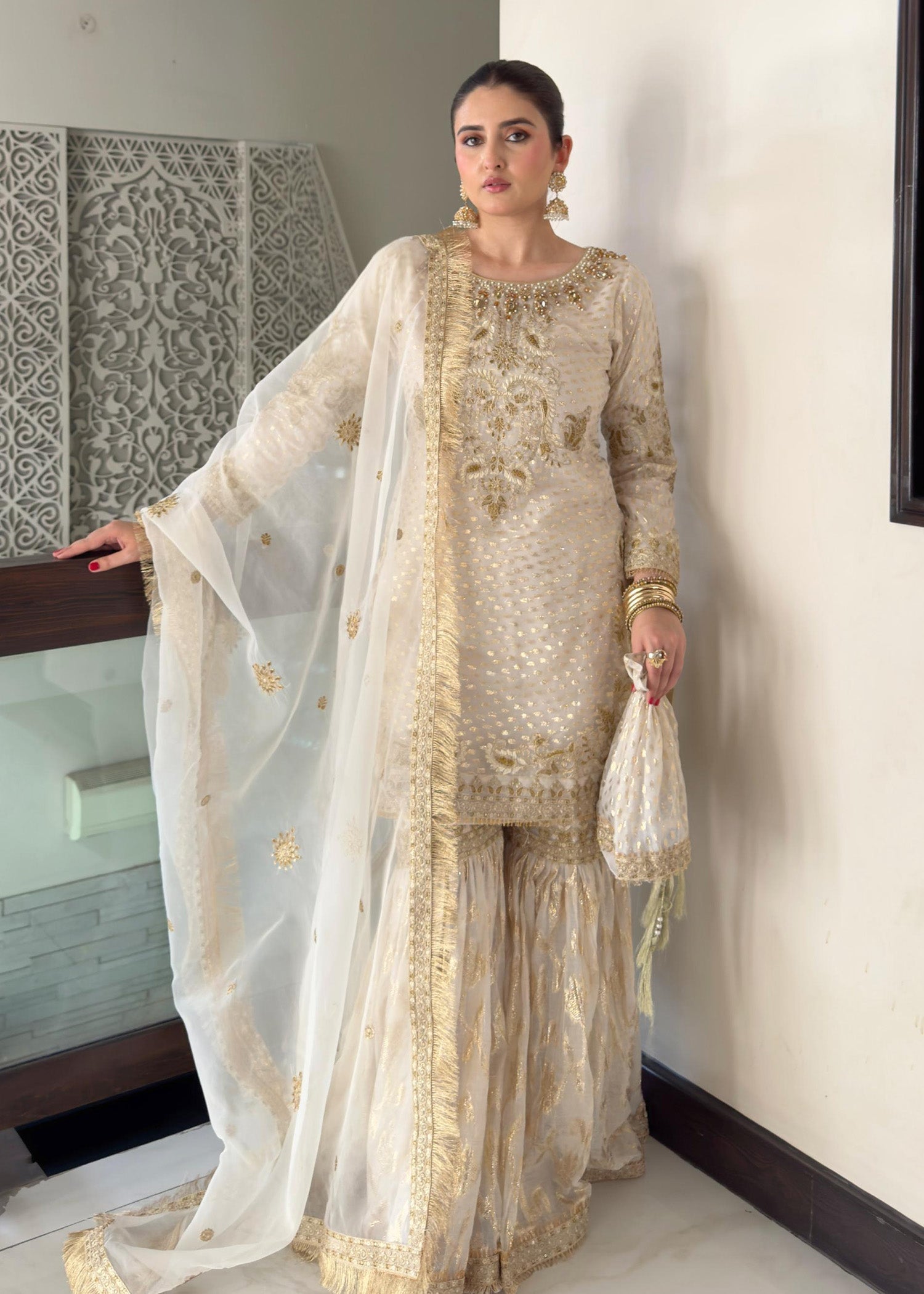 Embellished White Organza Gharara with Dupatta Online in Dubai DXB UAE Abudhabi Meena Bazaar