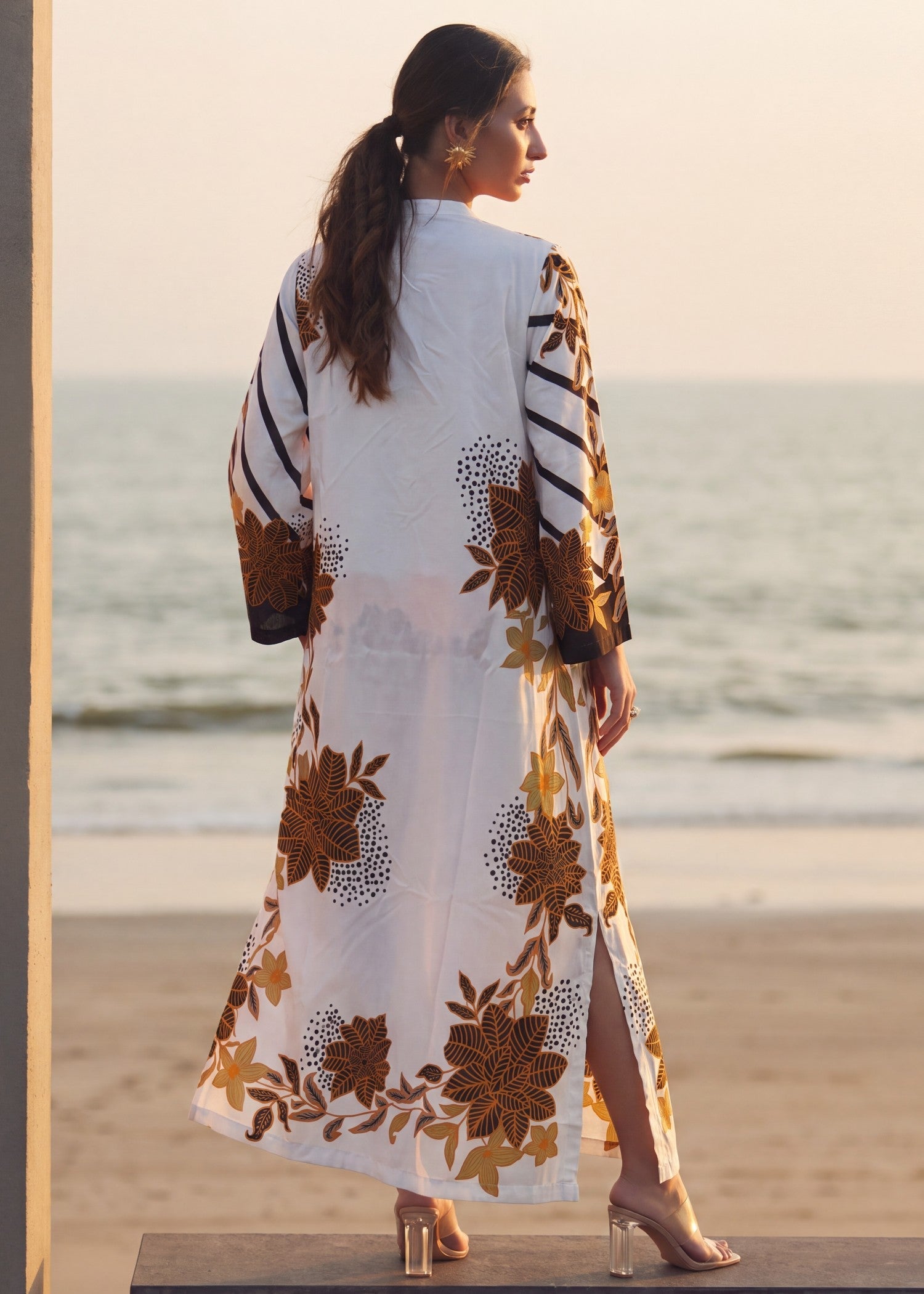 Embellished White Silk Kaftan for Ladies Online in KSA Riyadh Saudi Arabia Oman Bahrain Qatar
