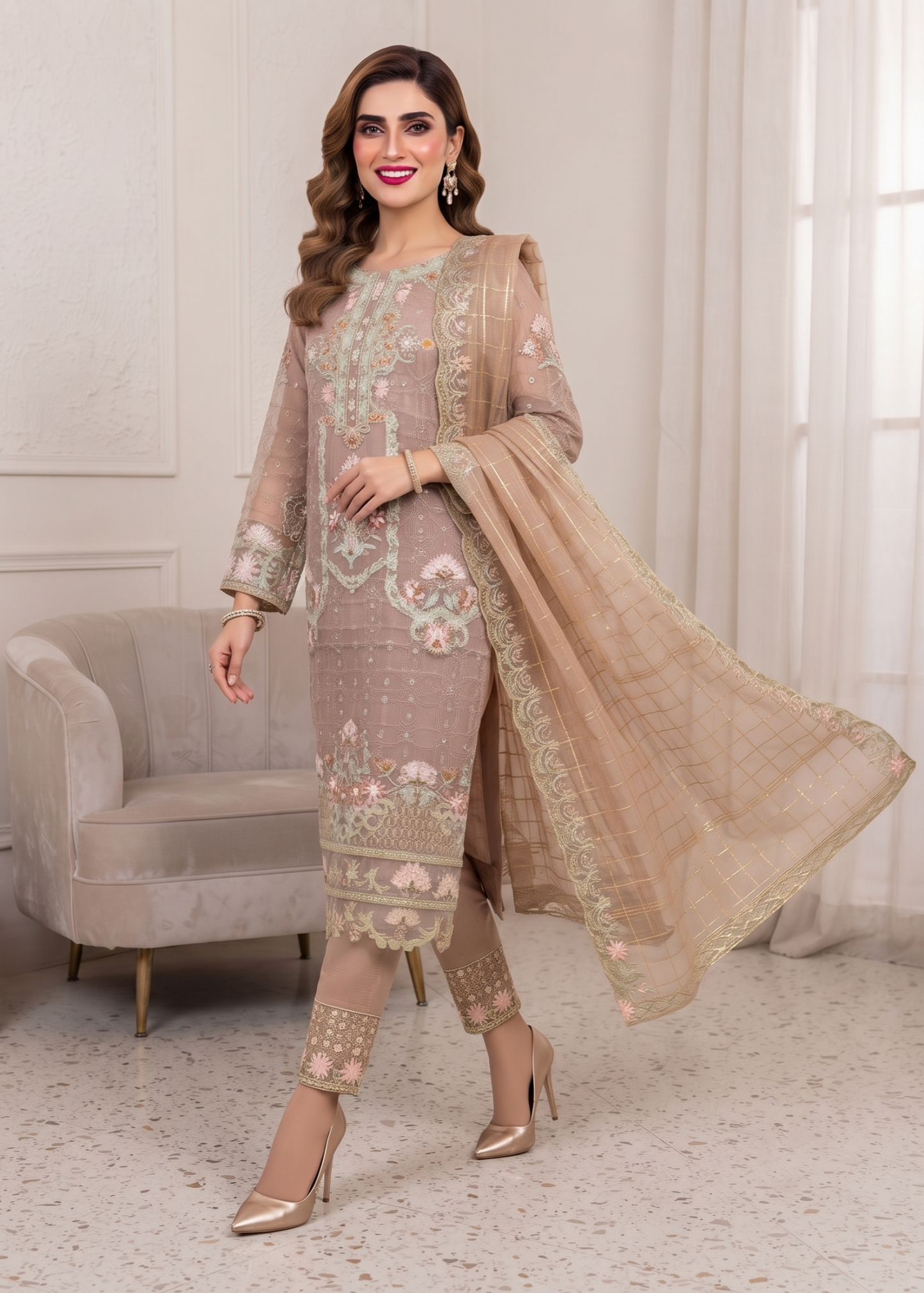 Embroidered Almond Brown Organza Party Wear Suit Online in Dubai DXB UAE Abudhabi Meena Bazaar