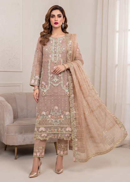 Embroidered Almond Brown Organza Salwar Kameez Online in KSA Riyadh Saudi Arabia Oman Bahrain Qatar