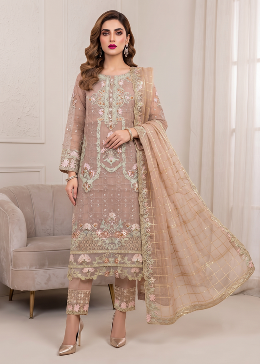 Embroidered Almond Brown Organza Salwar Kameez Online in KSA Riyadh Saudi Arabia Oman Bahrain Qatar