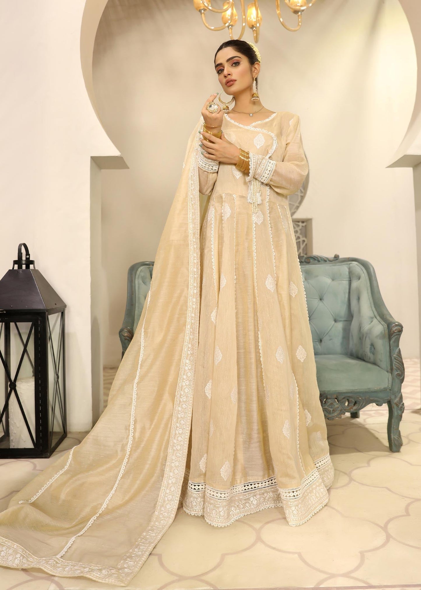 Embroidered Angrakha Gown with Raw Silk Capri Online in Dubai DXB UAE Abudhabi Meena Bazaar