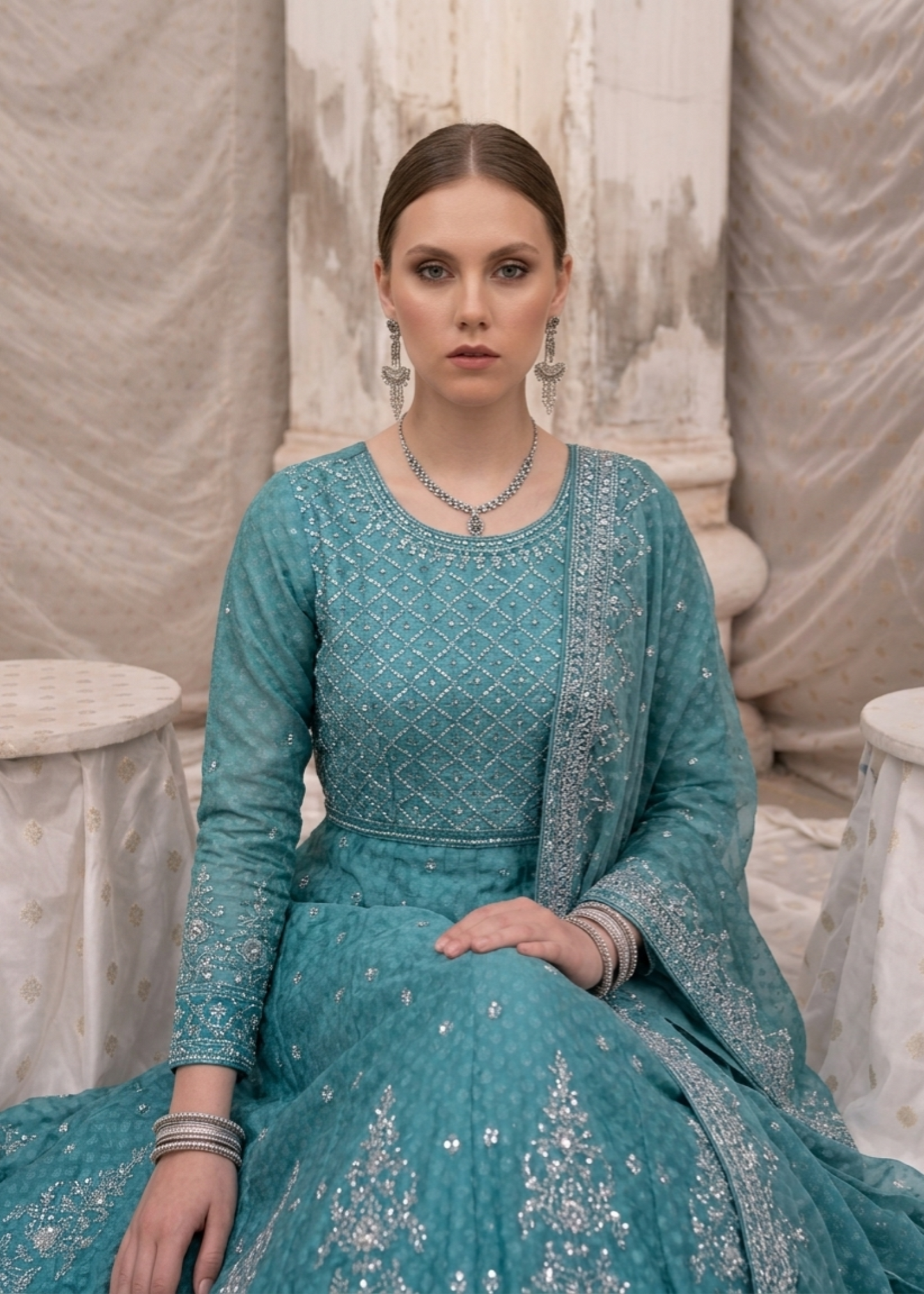 Embroidered Aqua Chiffon Salwar Suit Online in Sri Lanka India Australia