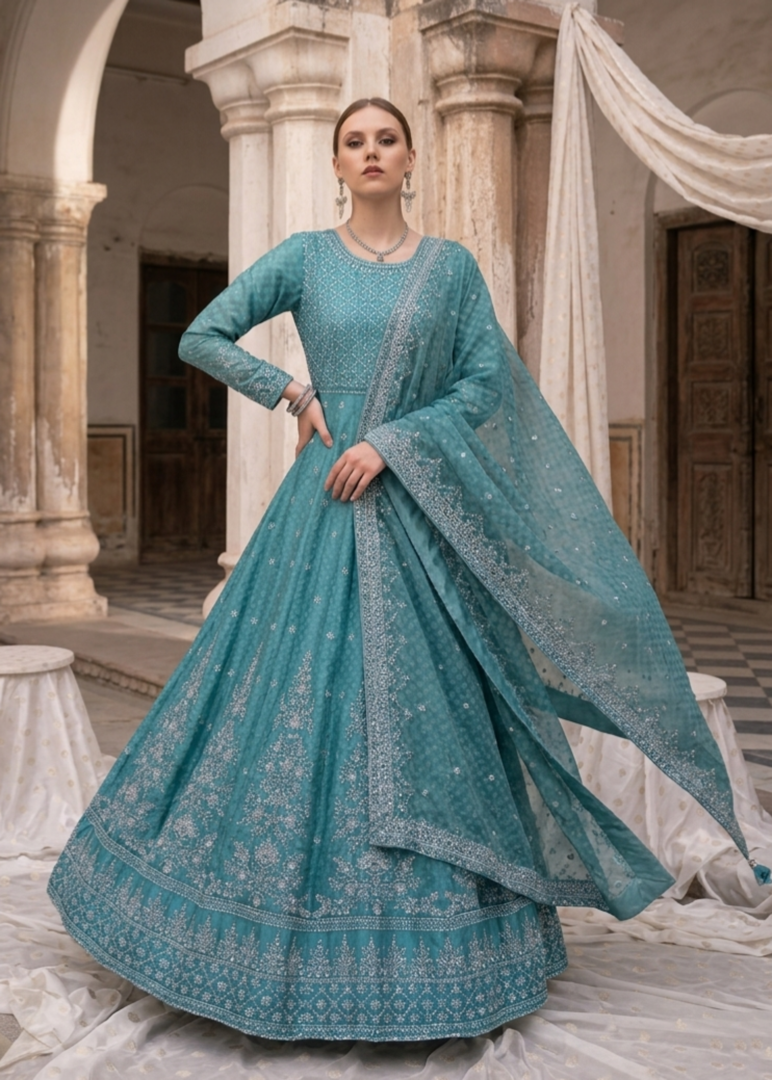 Embroidered Aquamarine Chiffon Salwar Suit Online in Dubai UAE Abudhabi Ajman Sharjah