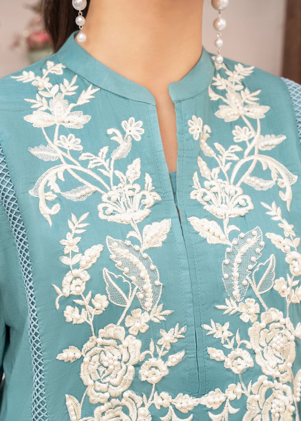 Embroidered Aquamarine Khaddar Kurta Set Daily Wear Online in UK USA Canada