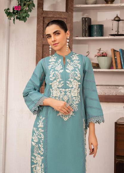Embroidered Aquamarine Khaddar Kurta Set for Winter Online in KSA Riyadh Saudi Arabia Oman Bahrain Qatar
