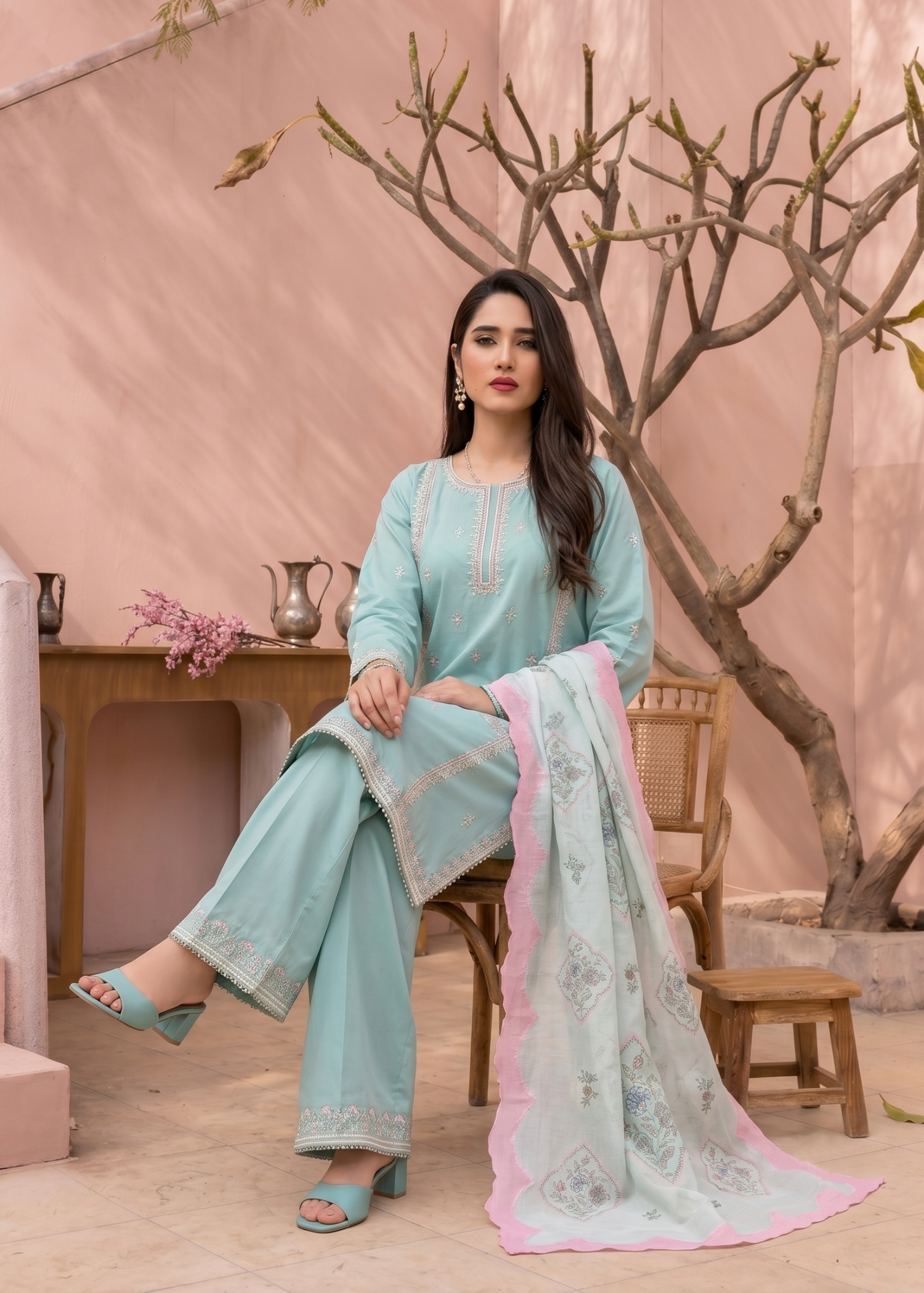 Embroidered Aquamarine Lawn Salwar Kameez Online in UK USA Canada