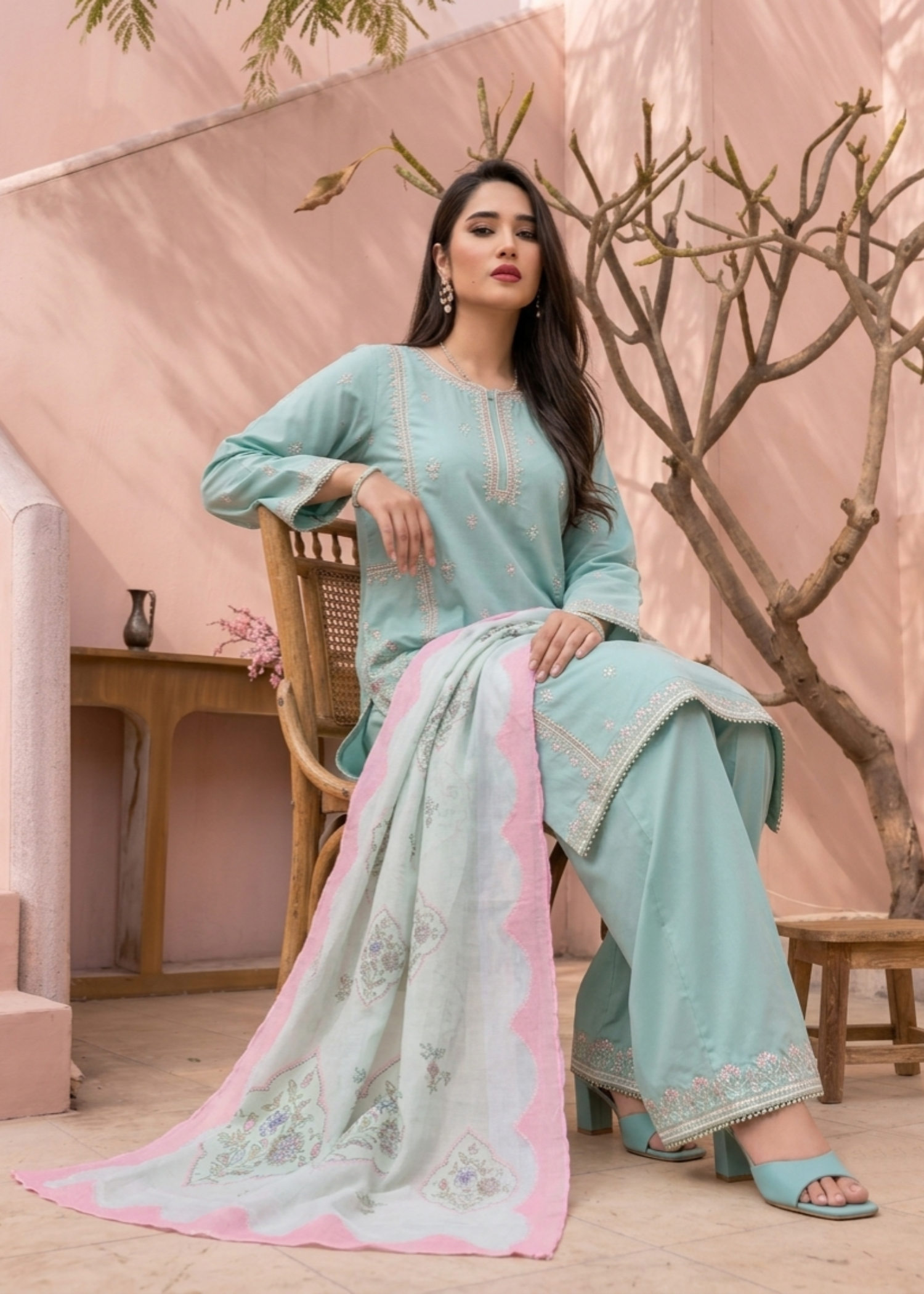 Embroidered Aquamarine Lawn Straight Kurta Suit Online in Dubai UAE Abudhabi Ajman Sharjah