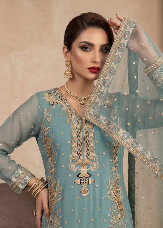 Embroidered Aquamarine Organza Pakistani Suit Online in Dubai DXB UAE Abudhabi Meena Bazaar