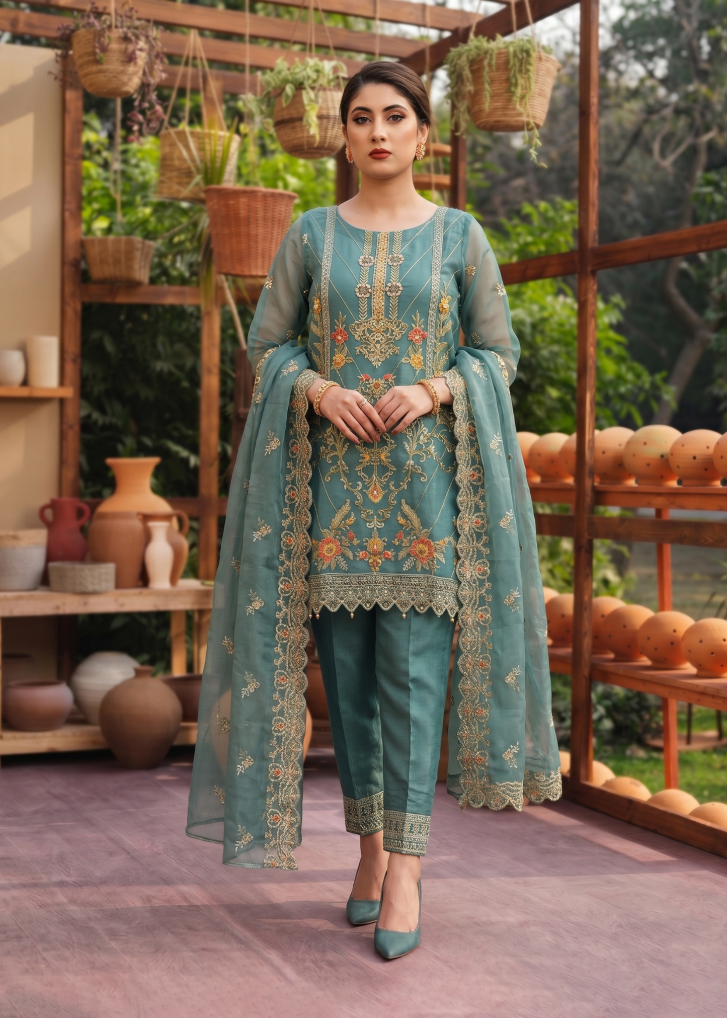 Embroidered Aquamarine Organza Pakistani Suit Online in KSA Riyadh Saudi Arabia Oman Bahrain Qatar