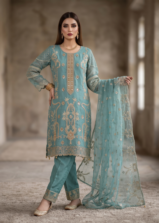 Embroidered Aquamarine Organza Pakistani Suit Online in KSA Riyadh Saudi Arabia Oman Bahrain Qatar