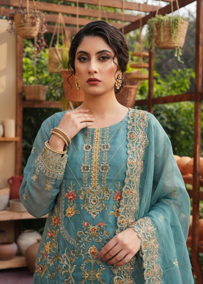 Embroidered Aquamarine Organza Party Wear Salwar Suit Online in Dubai UAE Abudhabi Ajman Sharjah