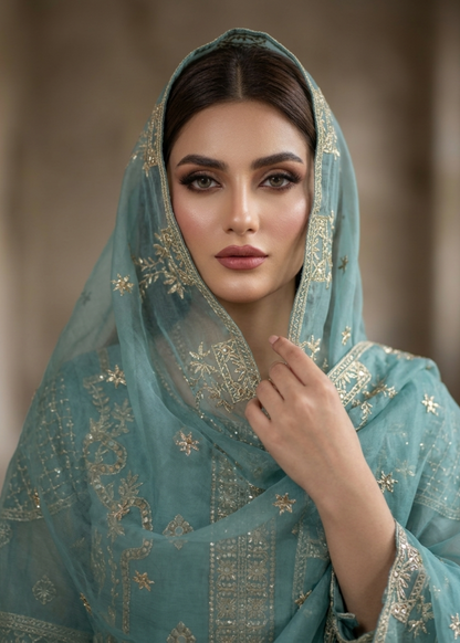 Embroidered Aquamarine Organza Partywear Salwar Suit Online in Dubai DXB UAE Abudhabi Meena Bazaar