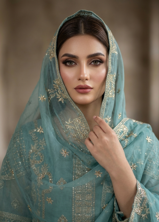 Embroidered Aquamarine Organza Partywear Salwar Suit Online in Dubai DXB UAE Abudhabi Meena Bazaar