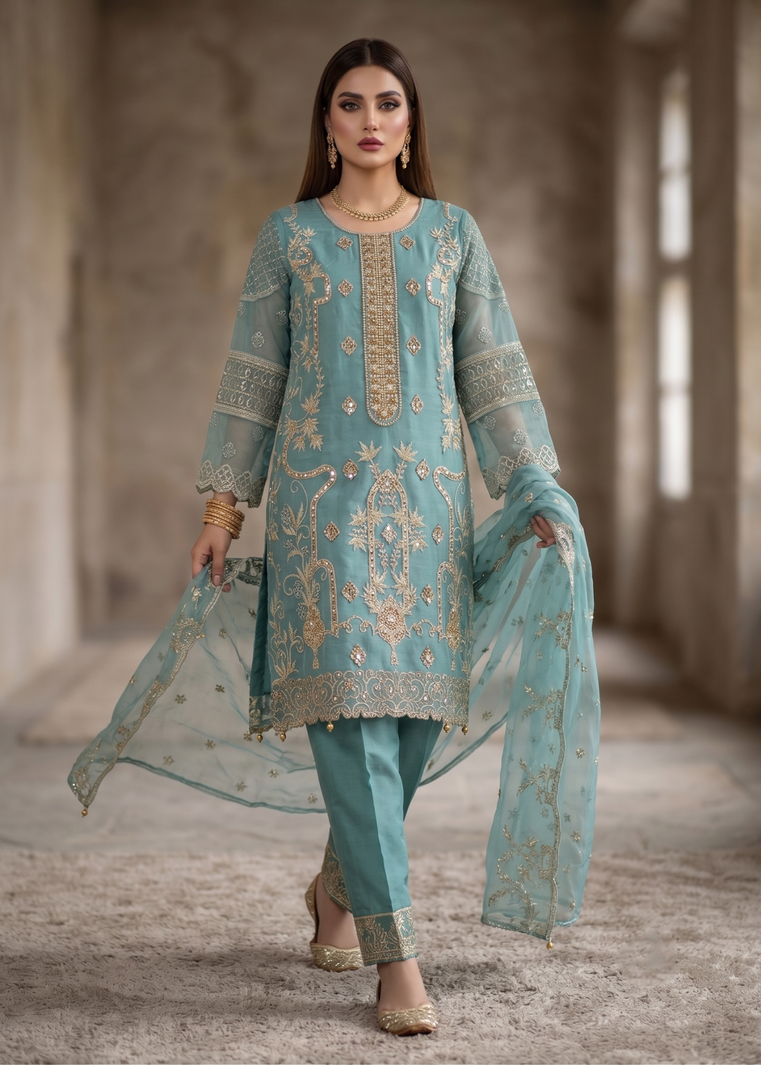 Embroidered Aquamarine Organza Salwar Kameez Online in Dubai DXB UAE Abudhabi Meena Bazaar