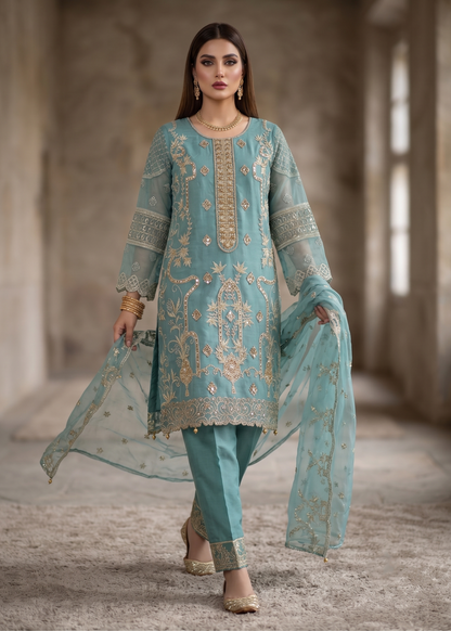 Embroidered Aquamarine Organza Salwar Kameez Online in Dubai DXB UAE Abudhabi Meena Bazaar