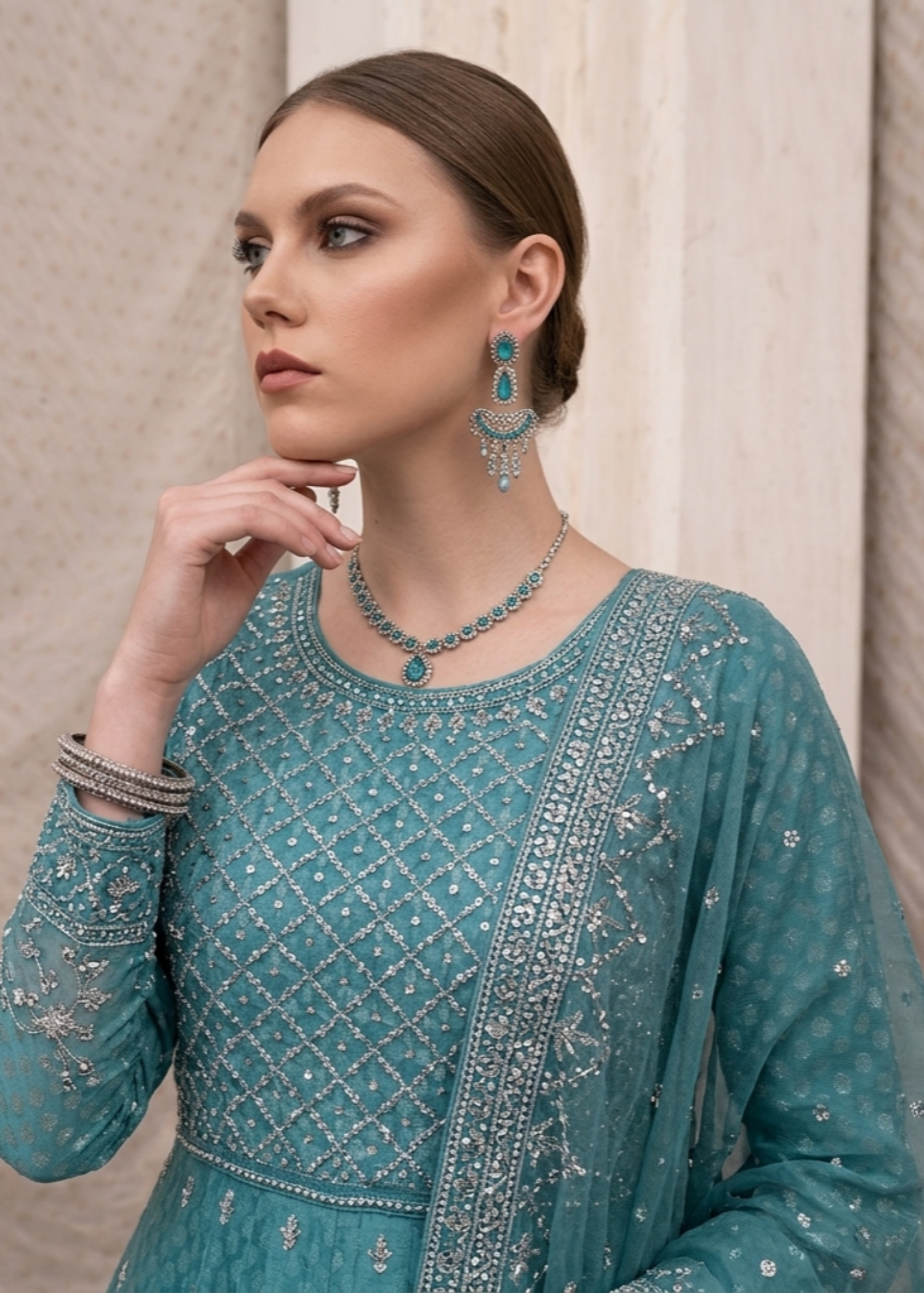 Embroidered Aquamarine Salwar Kameez Online in KSA Riyadh Saudi Arabia Oman Bahrain Qatar
