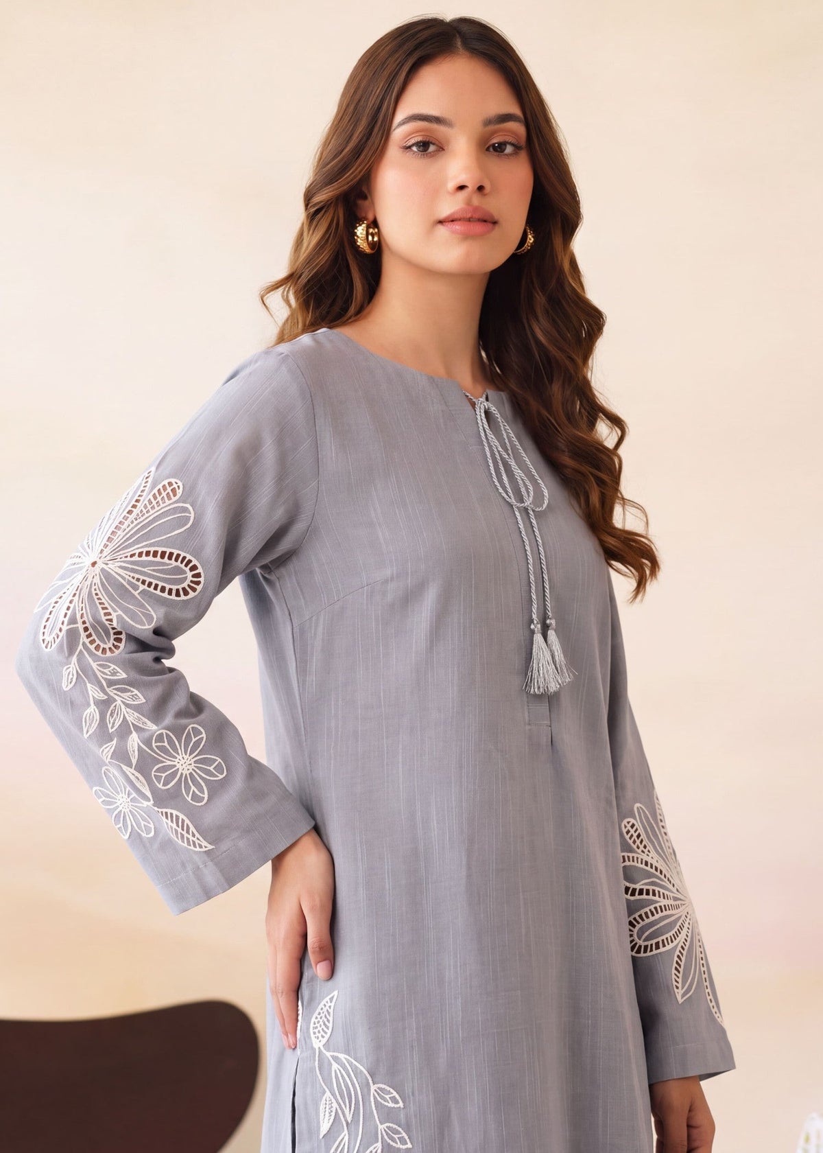 Embroidered Ash Grey Khaddar Kurta Set for Women Online in UK USA Canada