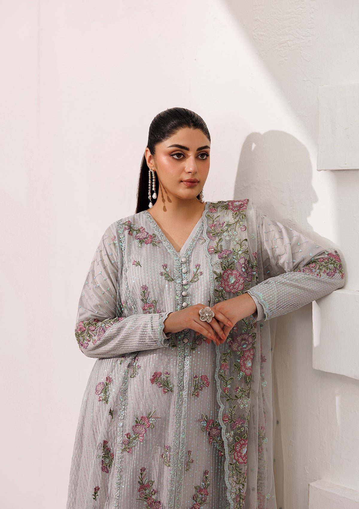 Embroidered Ash Grey Raw Silk Salwar Kameez Online in KSA Riyadh Saudi Arabia Oman Bahrain Qatar