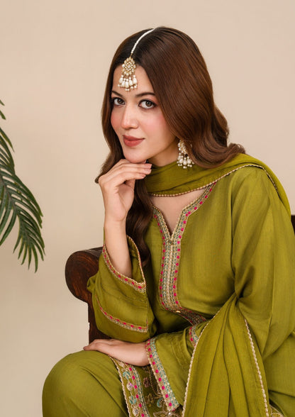 Embroidered Avocado Green Farshi Shalwar Pakistani Suit Online in KSA Riyadh Saudi Arabia Oman Bahrain Qatar