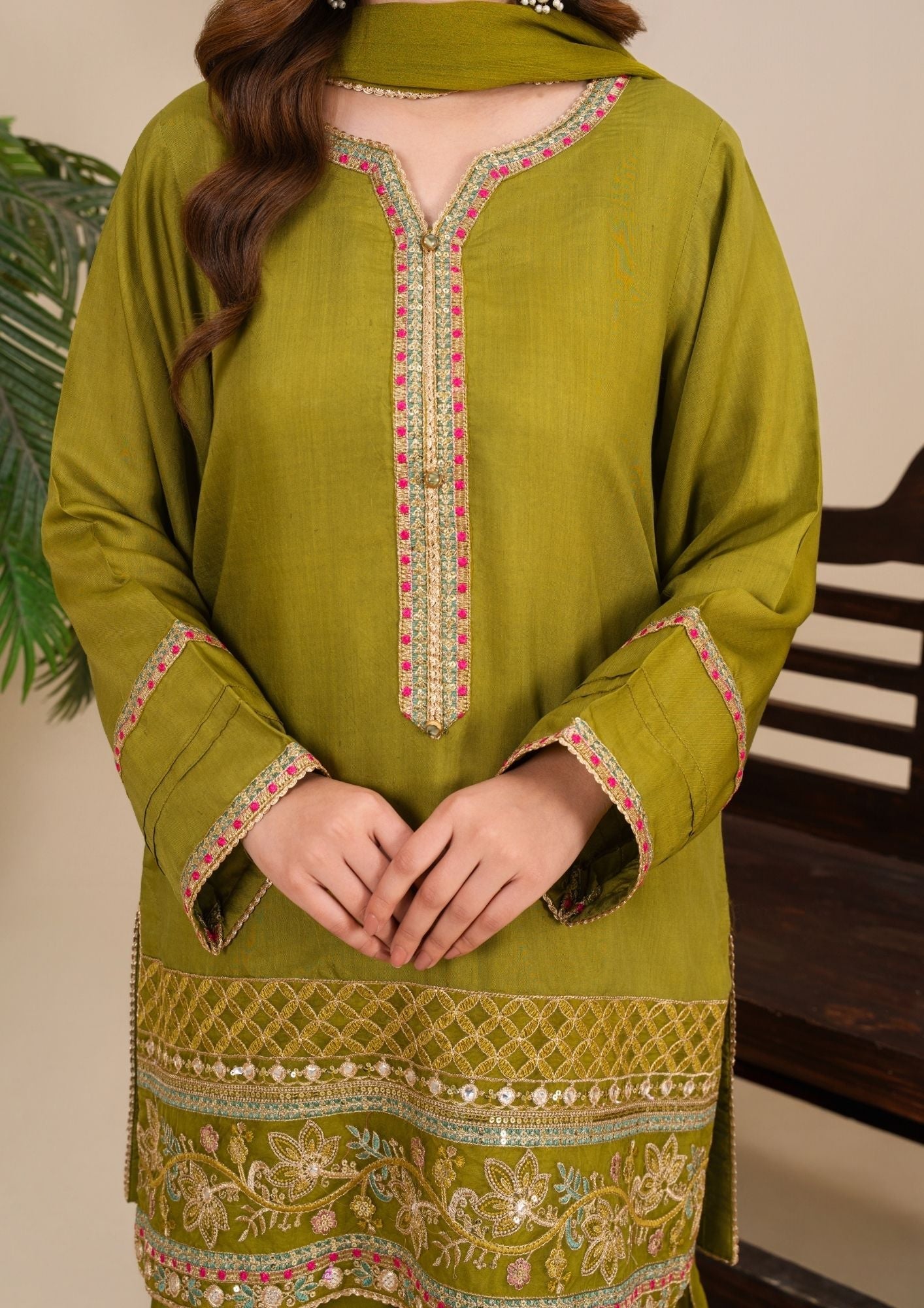 Embroidered Avocado Green Farshi Shalwar with Chiffon Dupatta Online in Dubai DXB UAE Abudhabi Meena Bazaar