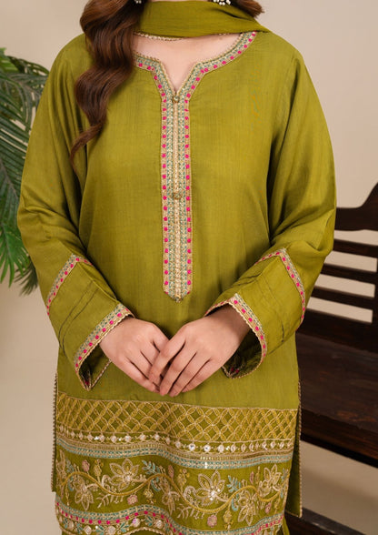 Embroidered Avocado Green Farshi Shalwar with Chiffon Dupatta Online in Dubai DXB UAE Abudhabi Meena Bazaar