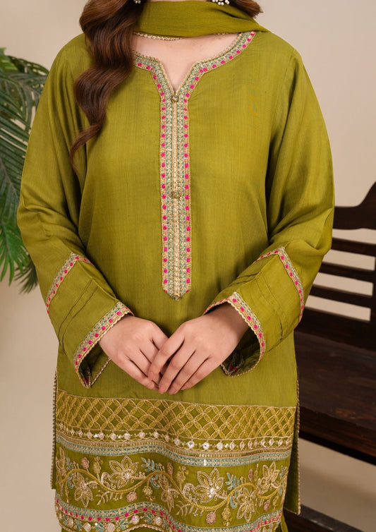 Embroidered Avocado Green Farshi Shalwar with Chiffon Dupatta Online in Dubai DXB UAE Abudhabi Meena Bazaar