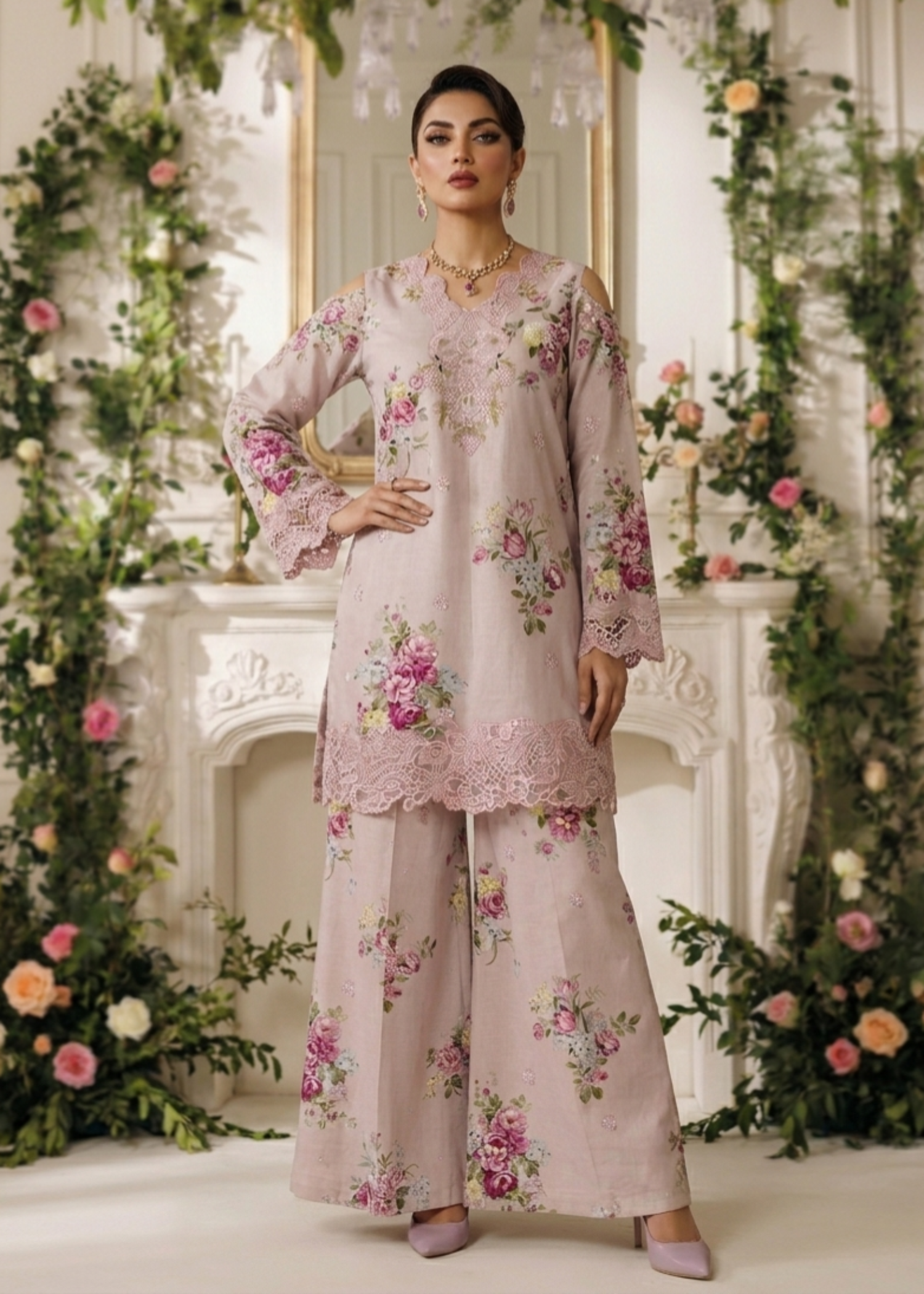 Embroidered Baby Pink Lawn Kurta Sharara Dupatta Online in Dubai DXB UAE Abudhabi Meena Bazaar