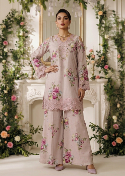 Embroidered Baby Pink Lawn Kurta Sharara Dupatta Online in Dubai DXB UAE Abudhabi Meena Bazaar