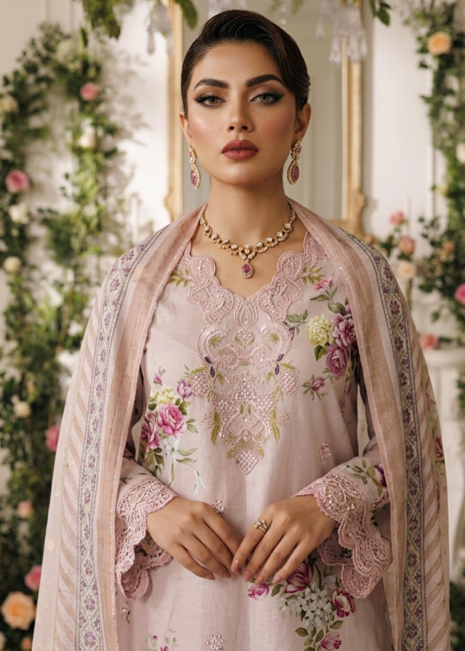 Embroidered Baby Pink Lawn Kurta Sharara Online in Dubai DXB UAE Abudhabi Meena Bazaar