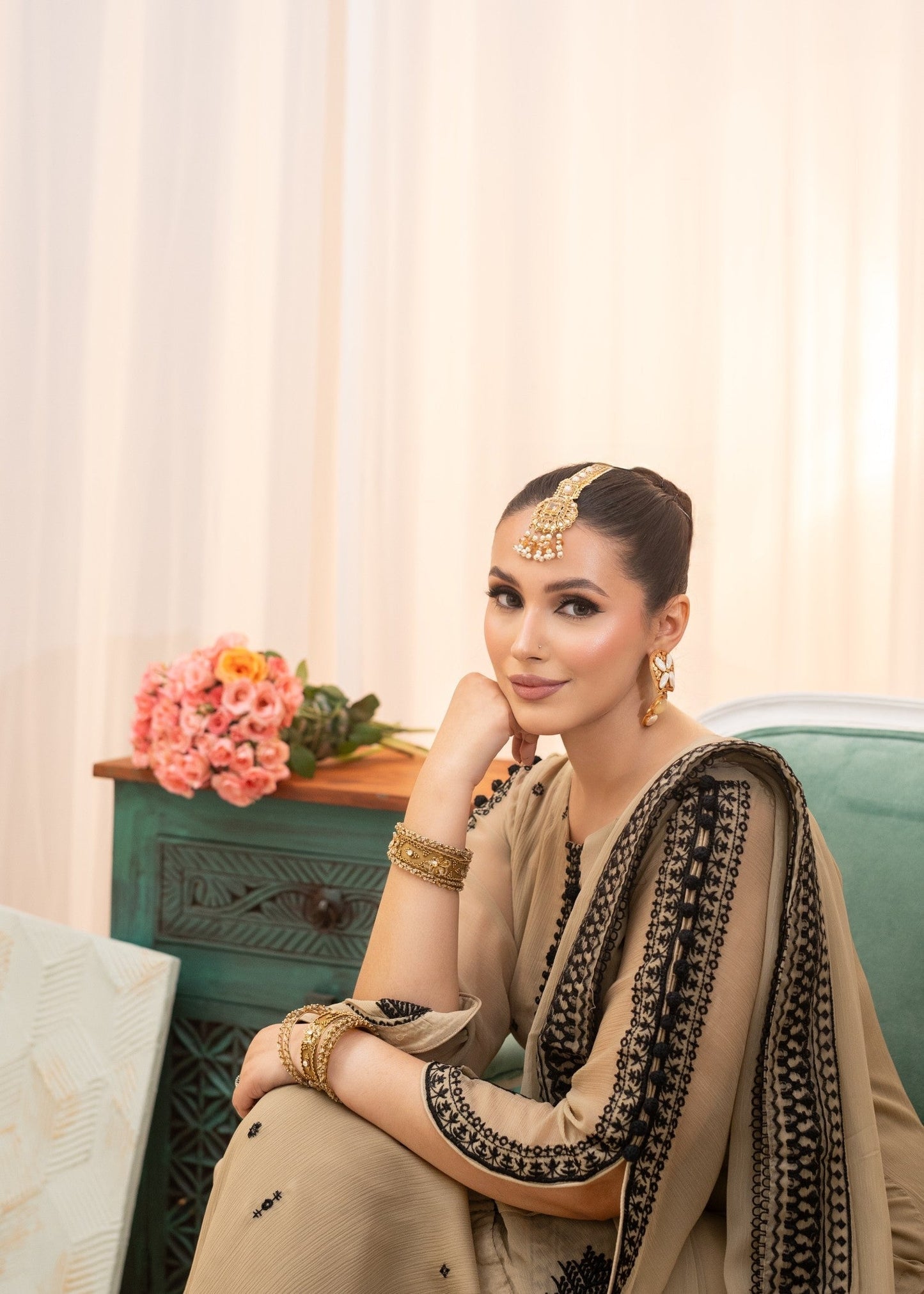 Embroidered Beige Bemberg Crinkle Chiffon Suit Online in Sri Lanka India Australia