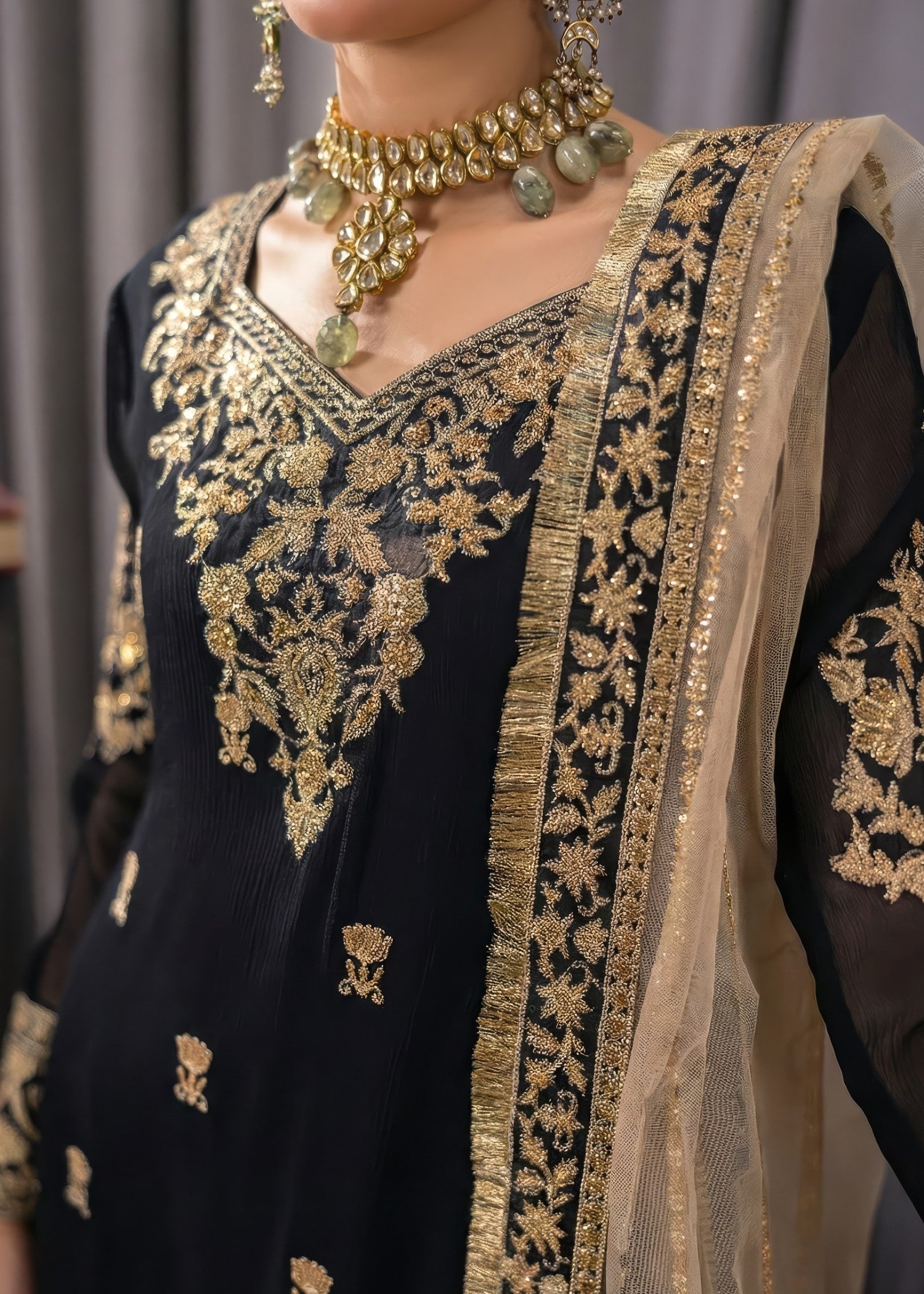 Embroidered Beige Black Chiffon Pakistani Suit Online in Dubai UAE Abudhabi Ajman Sharjah