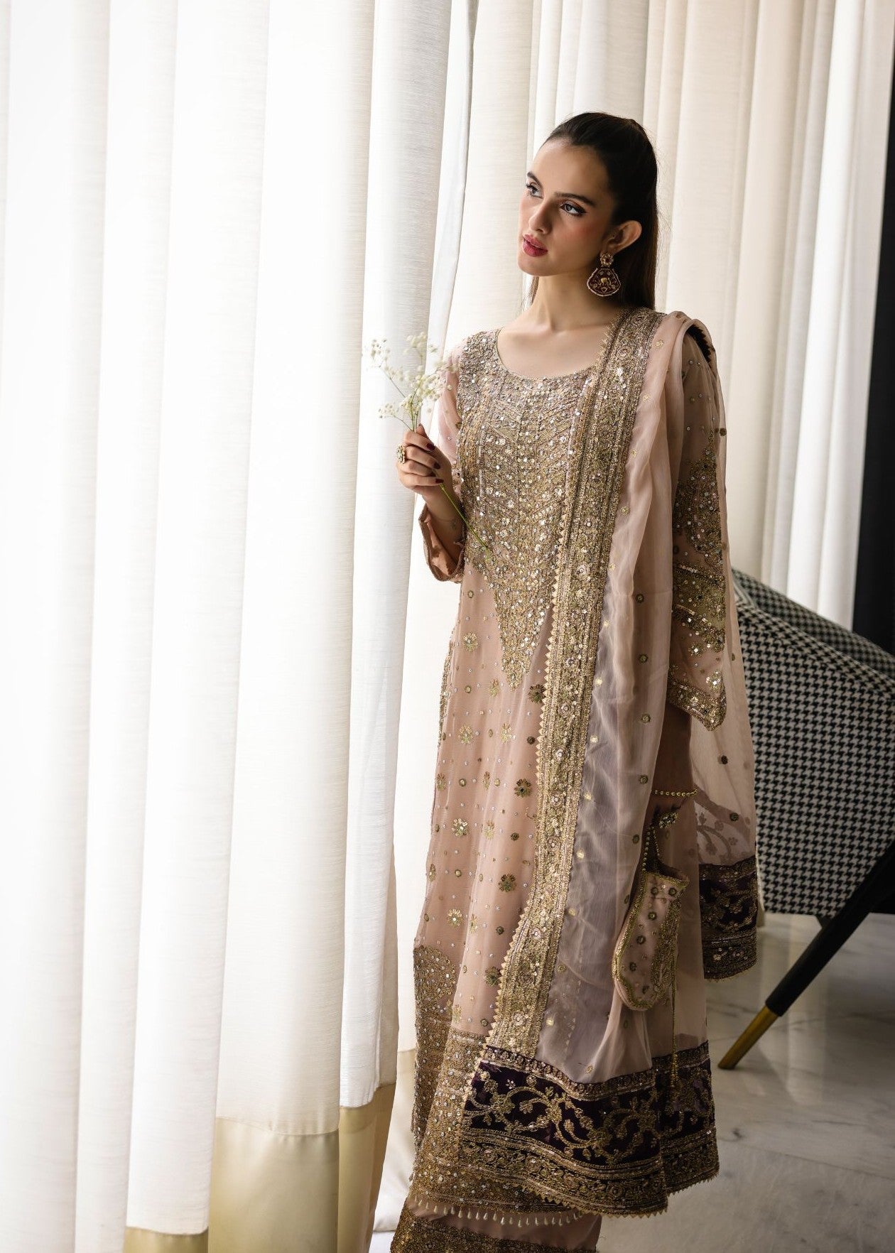Embroidered Beige Chiffon Dress Material Online in Sri Lanka India Australia