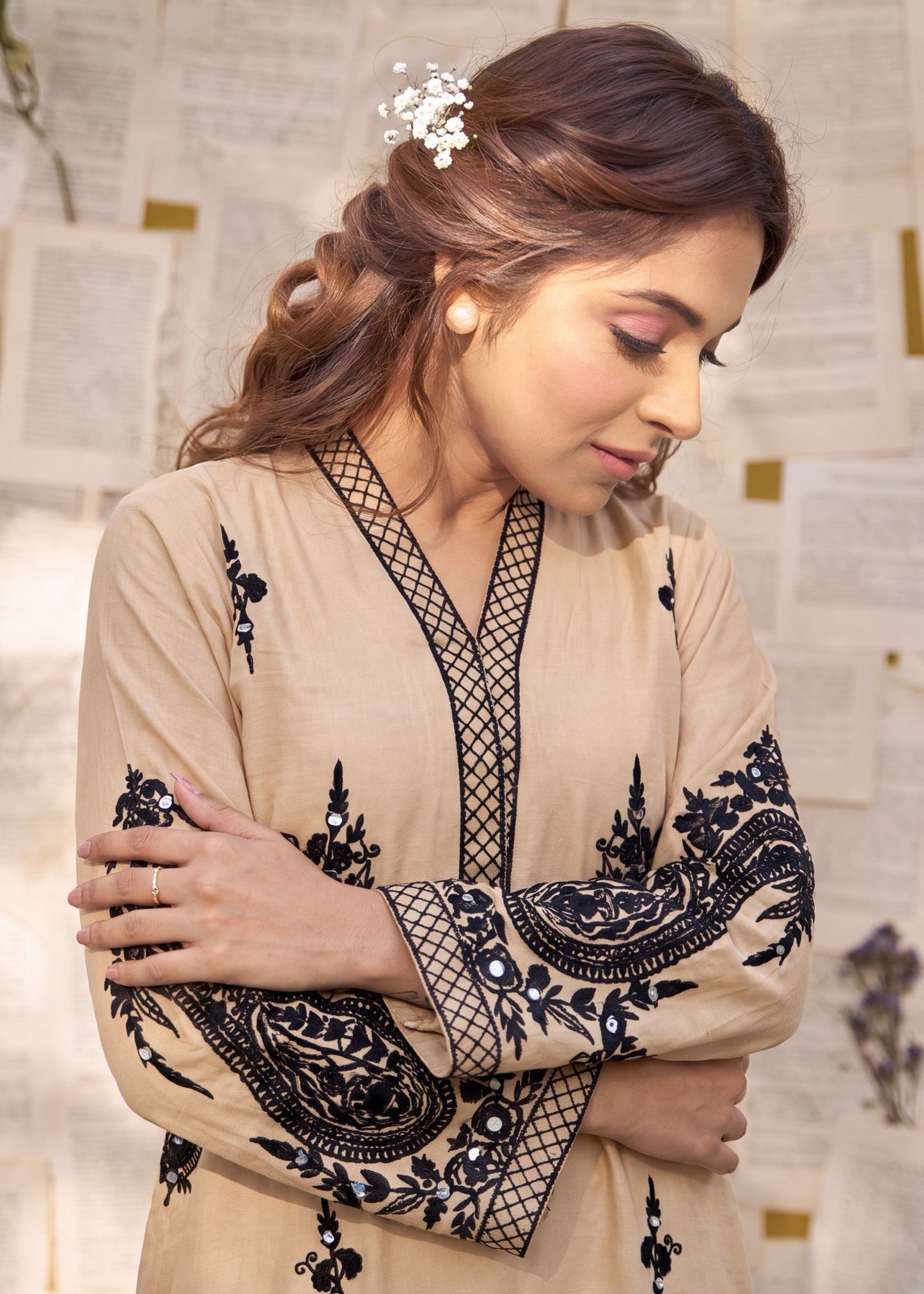 Embroidered Beige Cotton Kurta Suit Online in Dubai DXB UAE Abudhabi Meena Bazaar