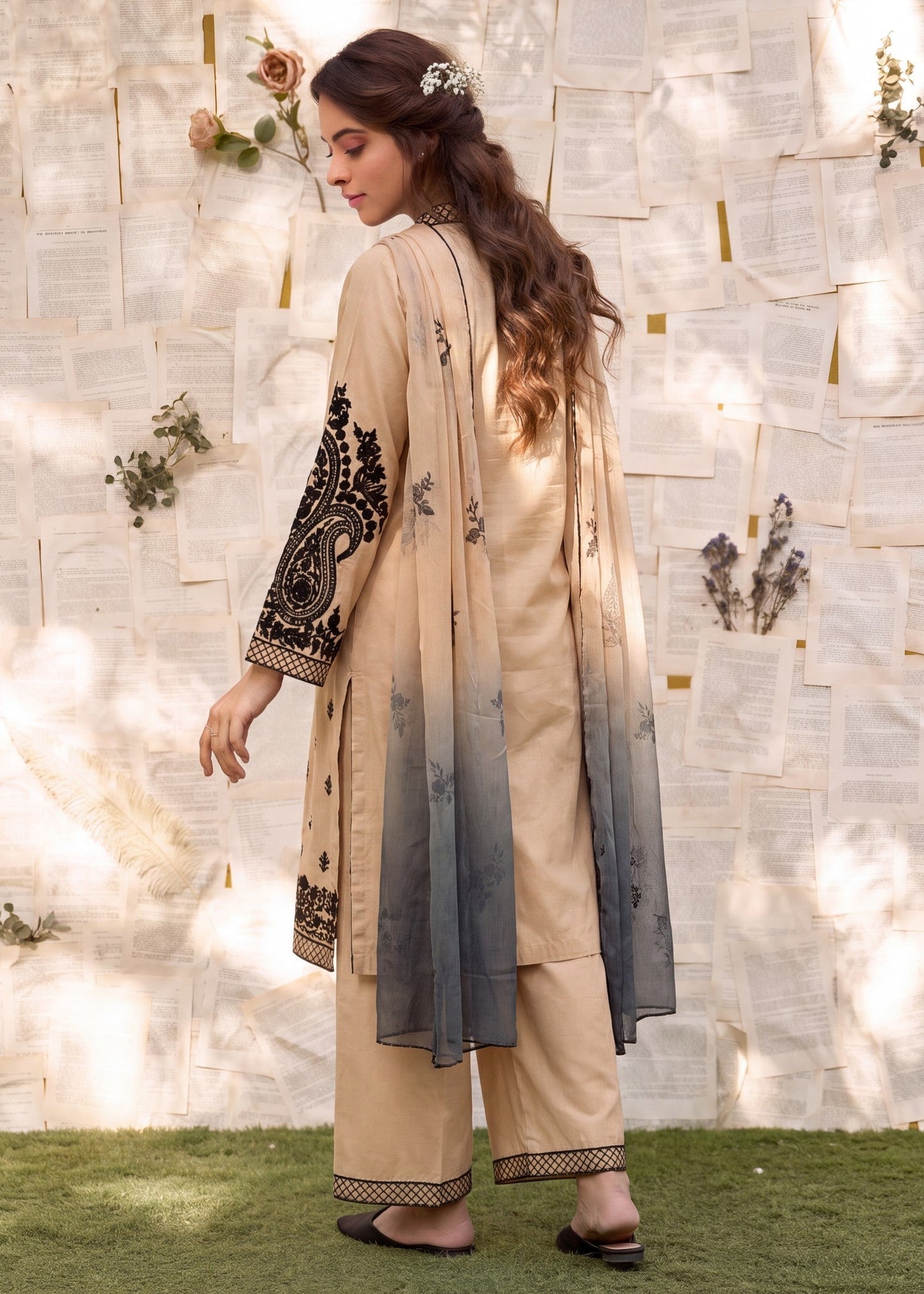 Embroidered Beige Cotton Pakistani Designer Suit Online in KSA Riyadh Saudi Arabia Oman Bahrain Qatar