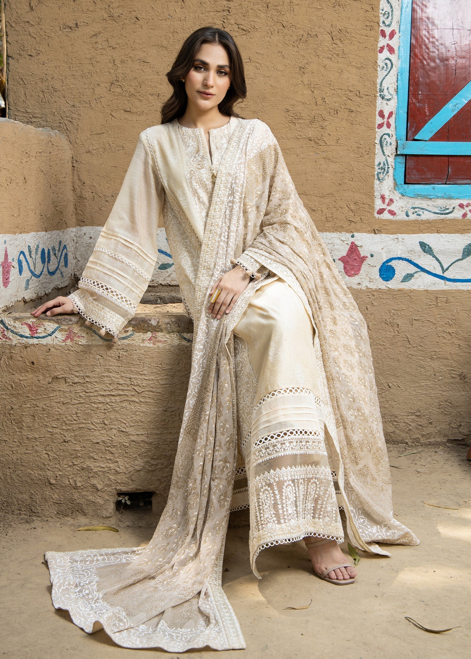 Embroidered Beige Cotton Silk Pakistani Suit Online in Dubai DXB UAE Abudhabi Meena Bazaar